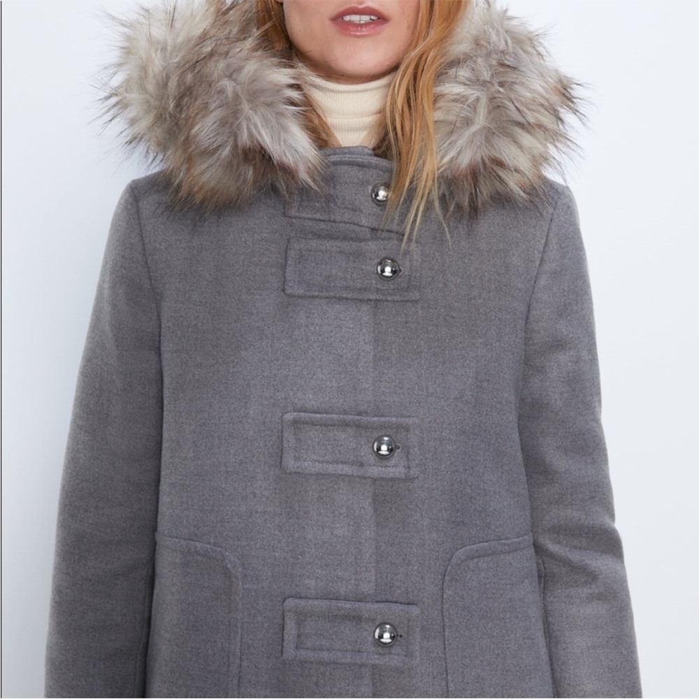 Zara Gray Coat with Faux Fur Trim